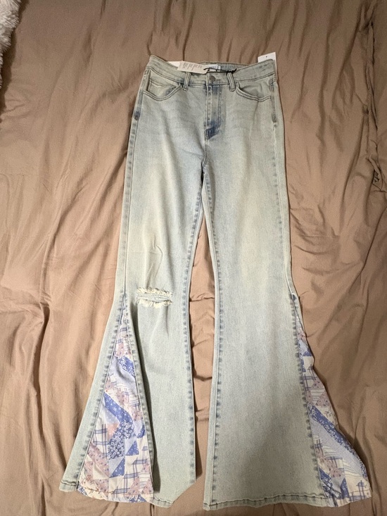 Forever 21 Denim - Forever 21 Light Blue Flare Jeans with Printed Inset Panels